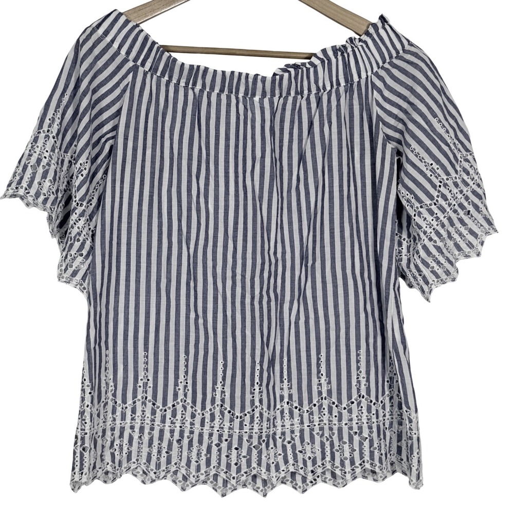HM Blue White Striped Off Shoulder Eyelet Lace Boho Top US 4